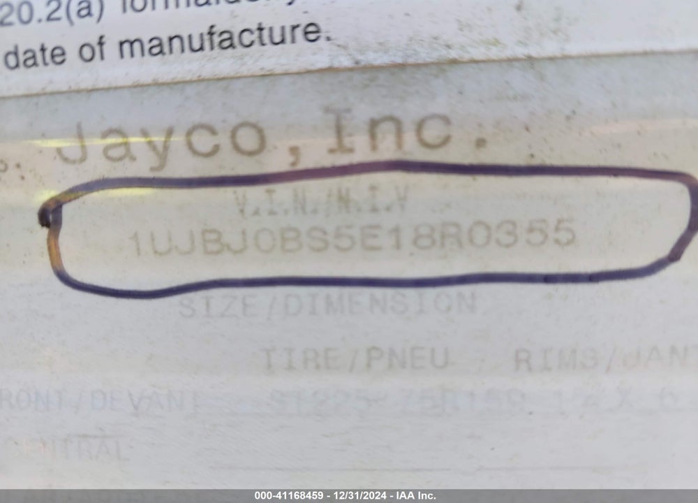 2014 JAYCO OTHER VIN: 1UJBJ0BS5E18R0355