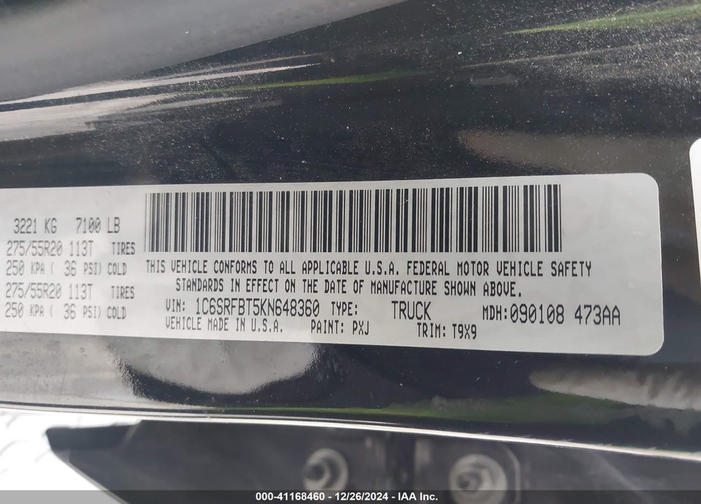 2019 RAM 1500 BIG HORN/LONE STAR 4X4 6'4 BOX VIN: 1C6SRFBT5KN648360