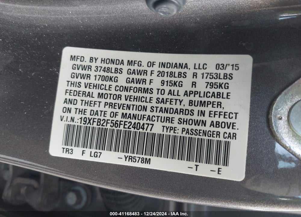 2015 HONDA CIVIC VIN: 19XFB2F56FE240477