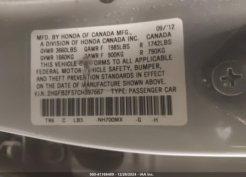 2012 HONDA CIVIC SDN LX VIN: 2HGFB2F57CH597667