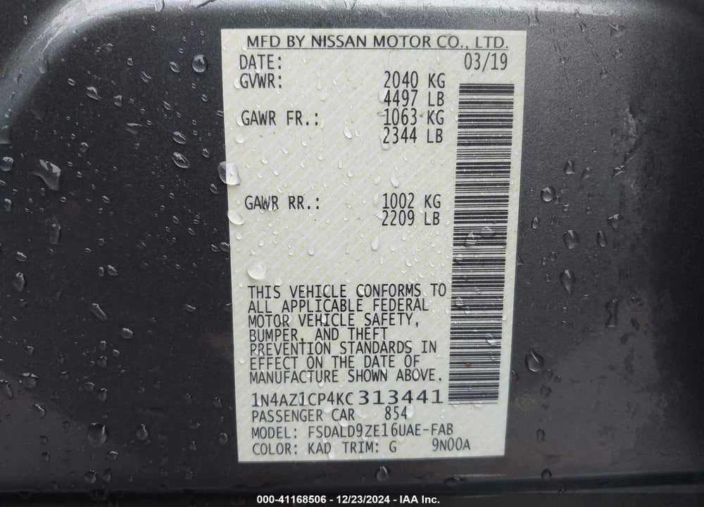 2019 NISSAN LEAF VIN: 1N4AZ1CP4KC313441