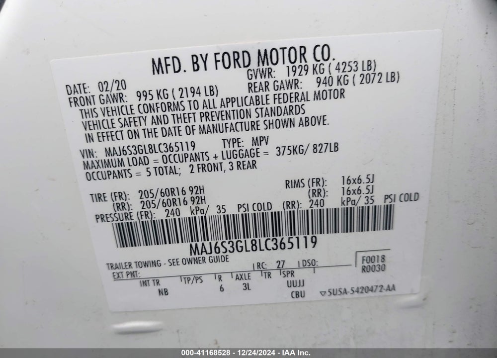 2020 FORD ECOSPORT SE VIN: MAJ6S3GL8LC365119
