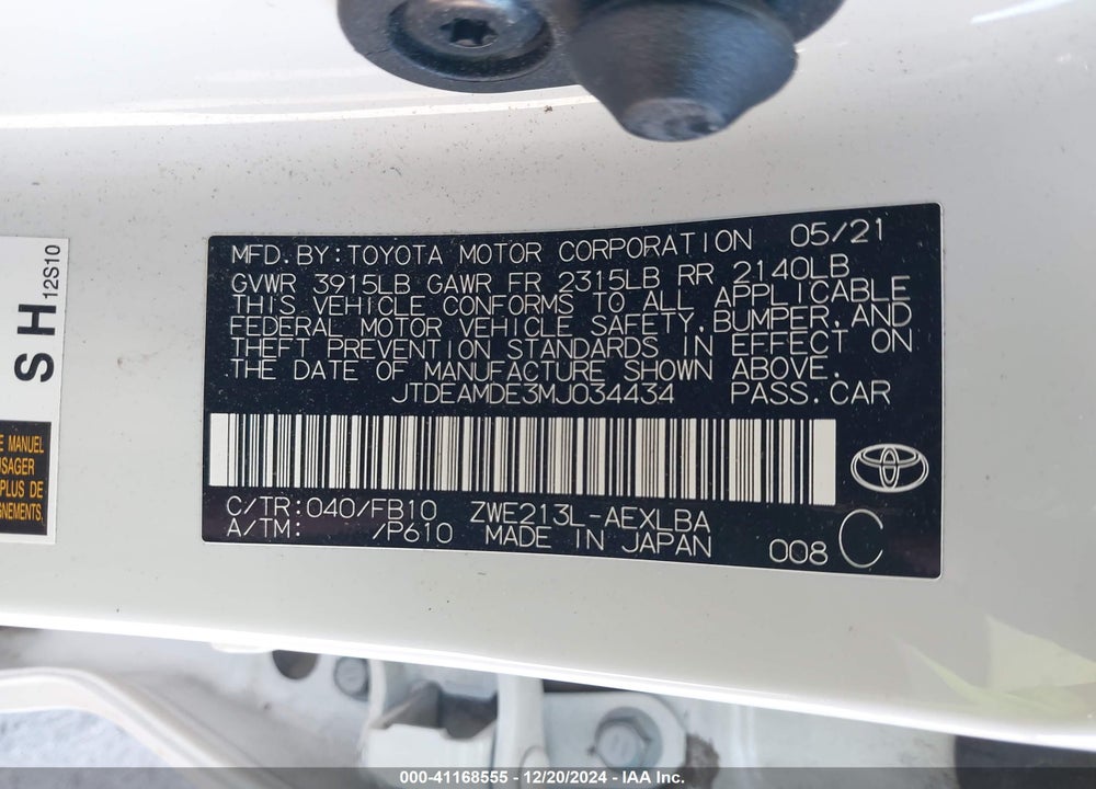 2021 TOYOTA COROLLA VIN: JTDEAMDE3MJ034434
