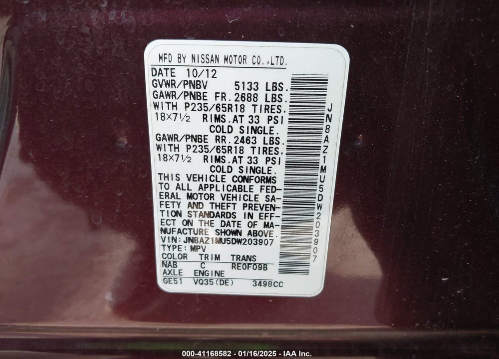 2013 NISSAN MURANO SL VIN: JN8AZ1MU5DW203907