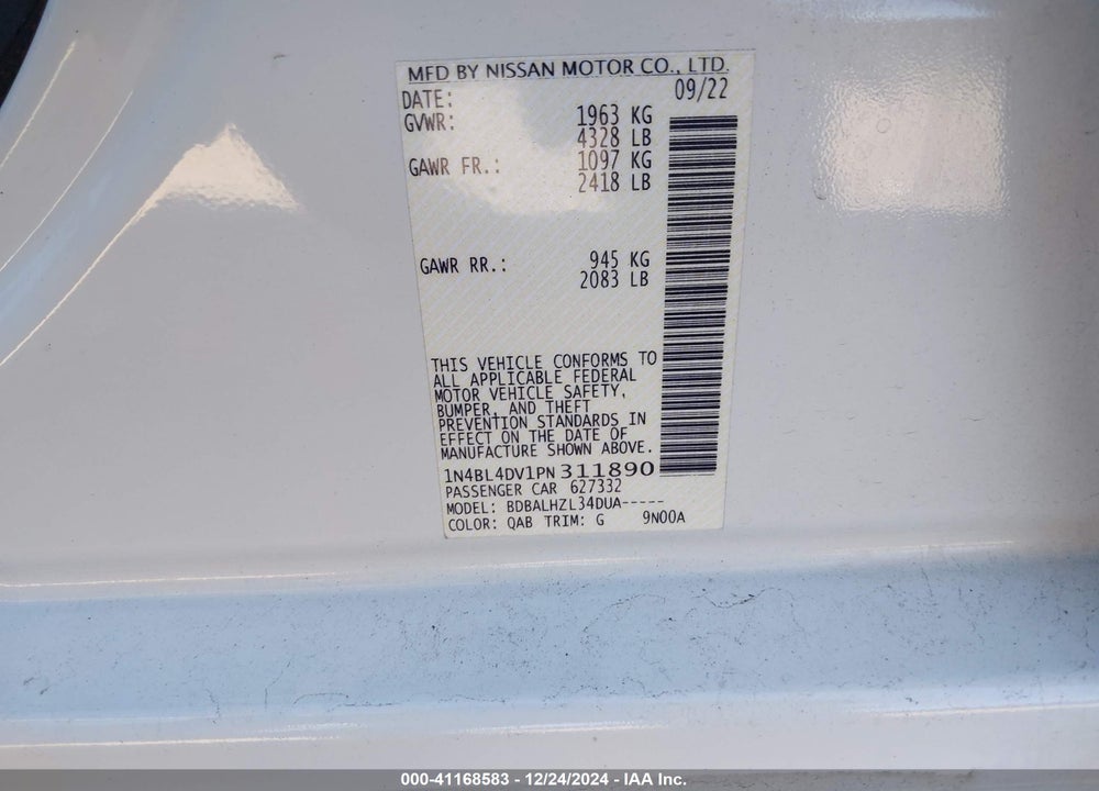 2023 NISSAN ALTIMA SV FWD VIN: 1N4BL4DV1PN311890