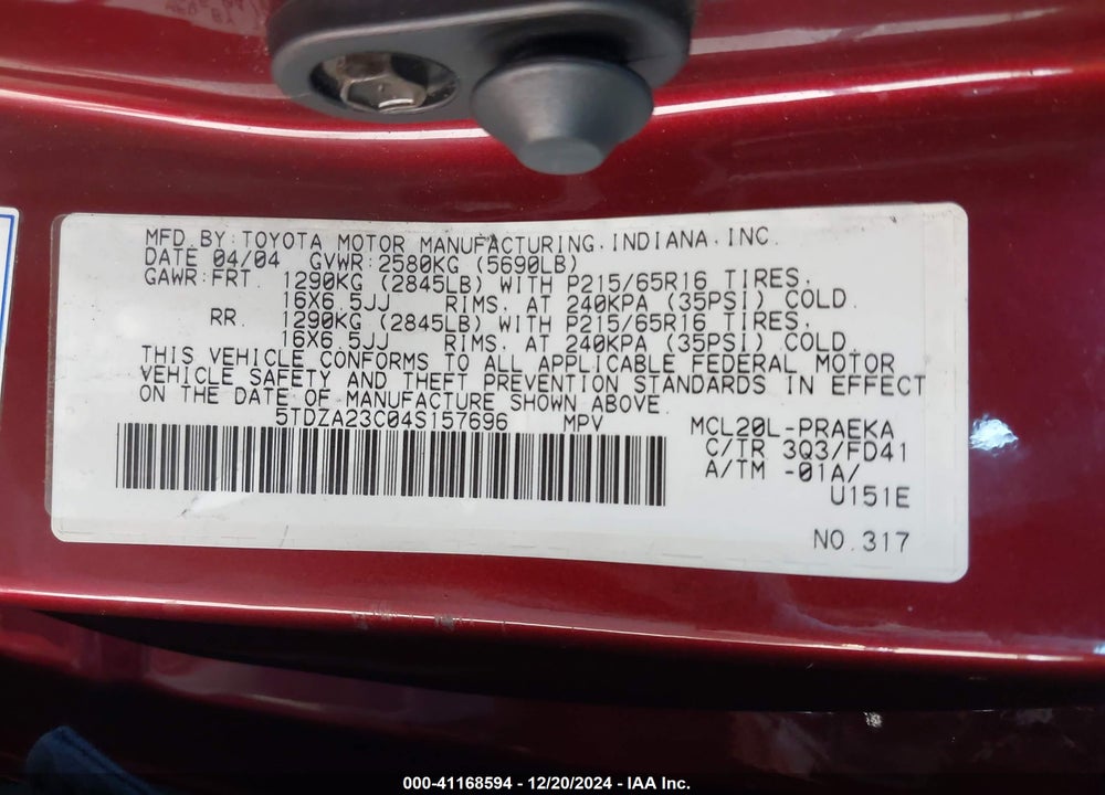 2004 TOYOTA SIENNA CE VIN: 5TDZA23C04S157696