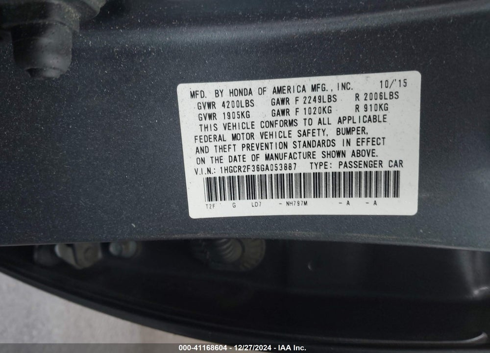 2016 HONDA ACCORD LX VIN: 1HGCR2F36GA053887