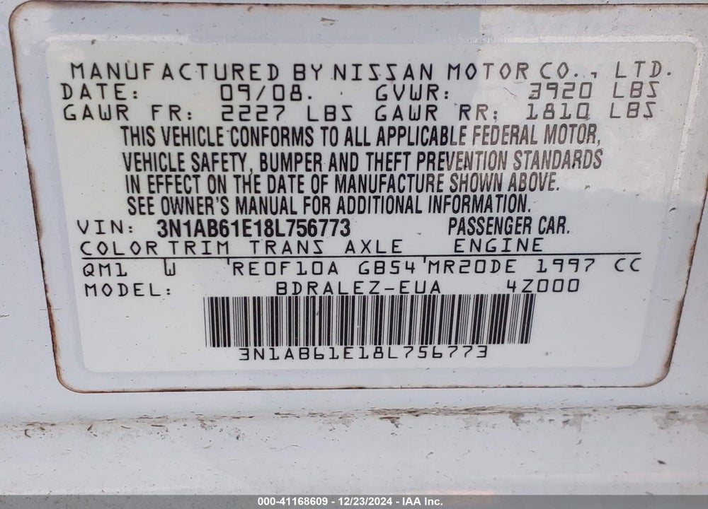 2008 NISSAN SENTRA 2.0S VIN: 3N1AB61E18L756773