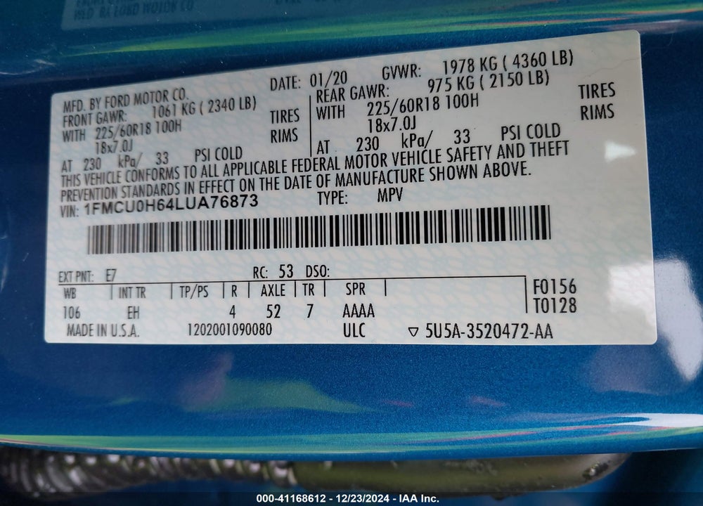 2020 FORD ESCAPE SEL VIN: 1FMCU0H64LUA76873