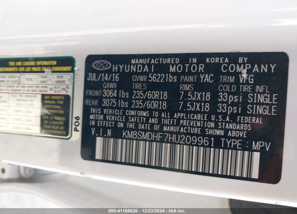 2017 HYUNDAI SANTA FE SE VIN: KM8SMDHF7HU209961