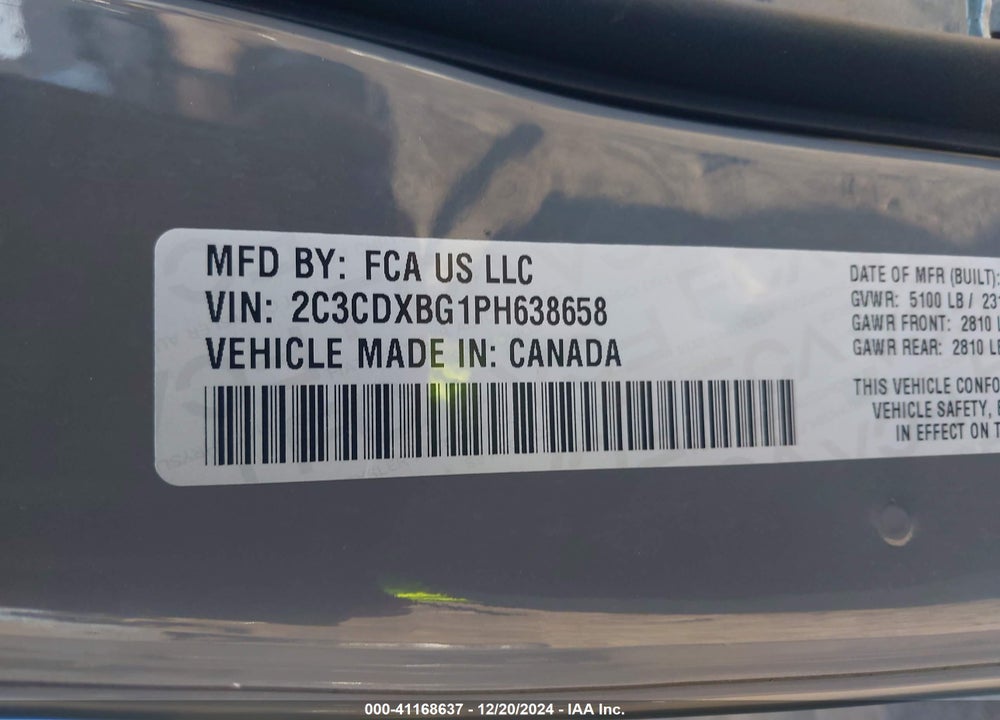 2023 DODGE CHARGER SXT VIN: 2C3CDXBG1PH638658