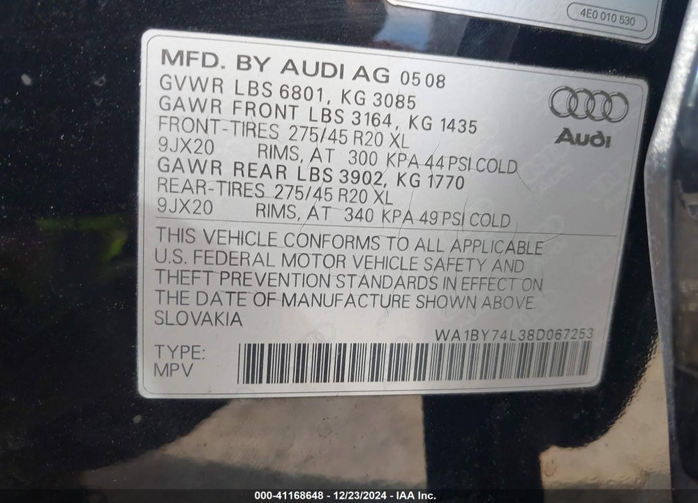 2008 AUDI Q7 3.6 PREMIUM VIN: WA1BY74L38D067253