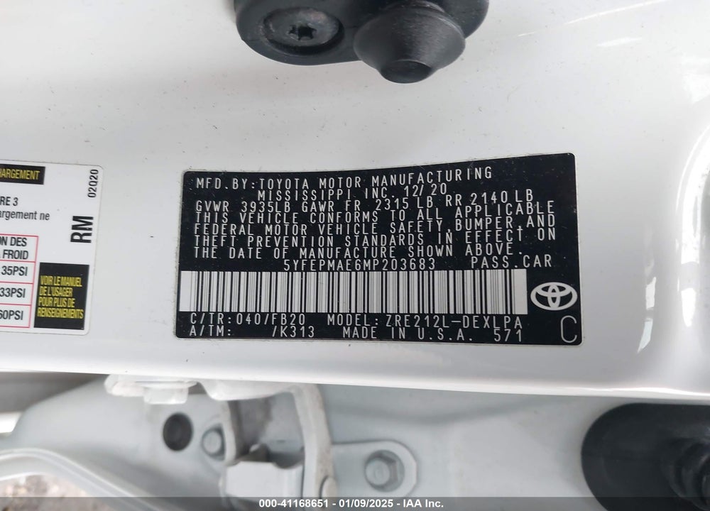 2021 TOYOTA COROLLA LE VIN: 5YFEPMAE6MP203683
