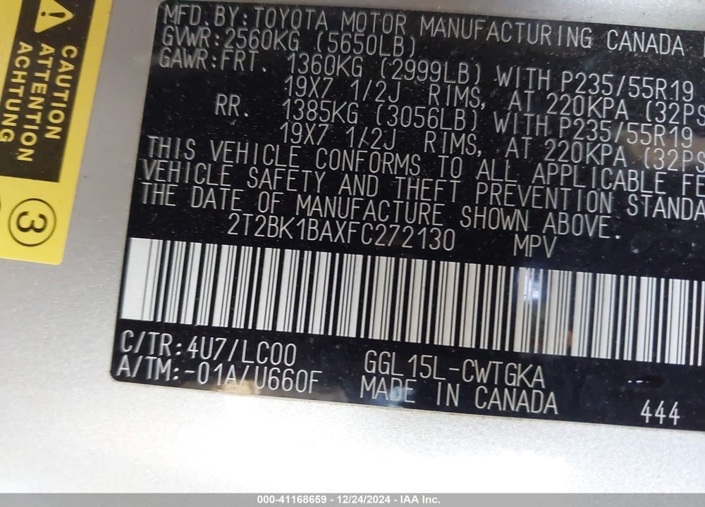 2015 LEXUS RX 350 VIN: 2T2BK1BAXFC272130