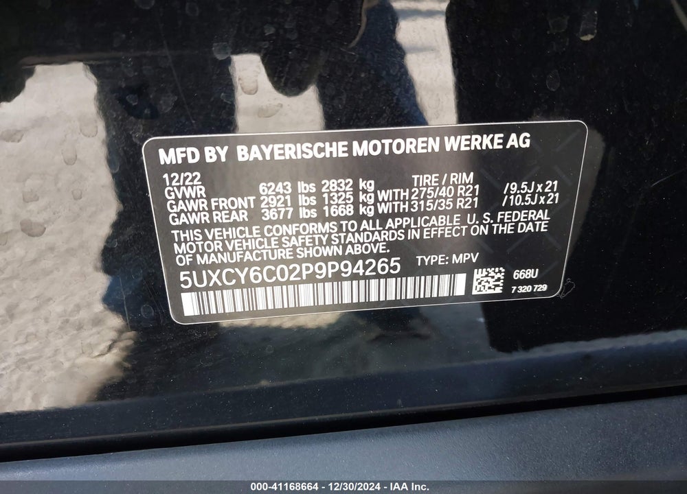 2023 BMW X6 XDRIVE40I VIN: 5UXCY6C02P9P94265