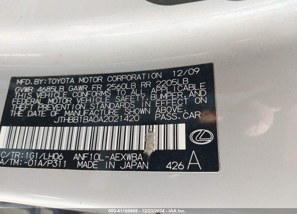 2010 LEXUS HS VIN: JTHBB1BA0A2021420
