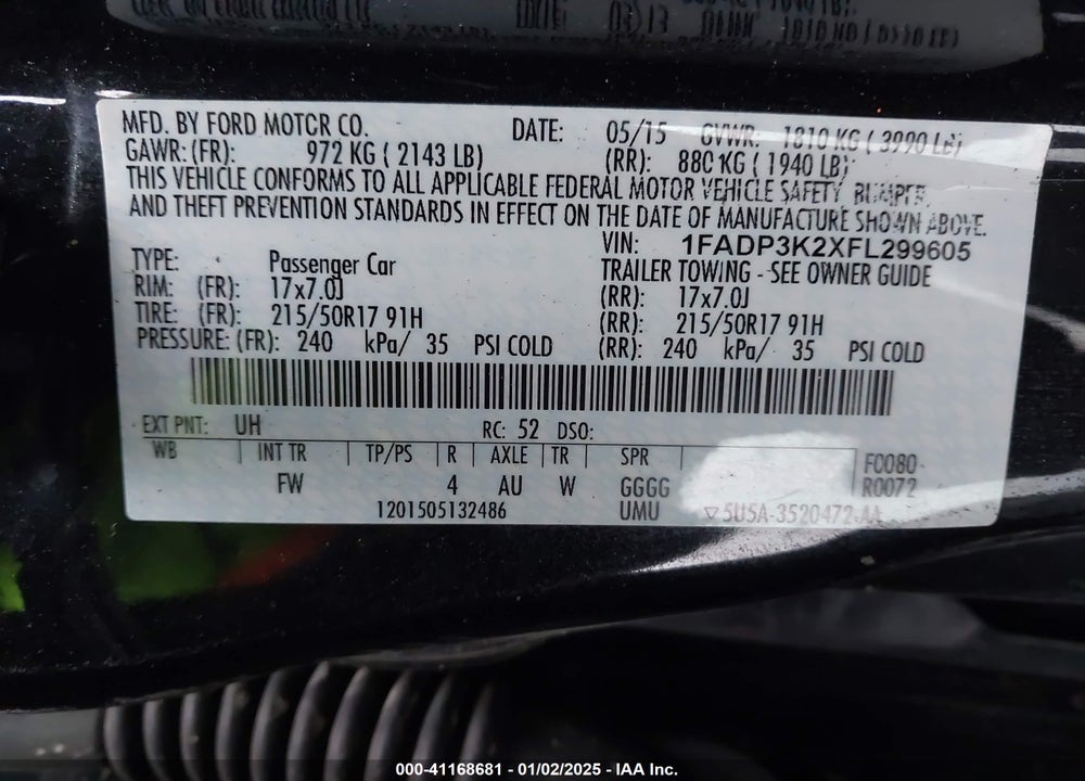 2015 FORD FOCUS SE VIN: 1FADP3K2XFL299605