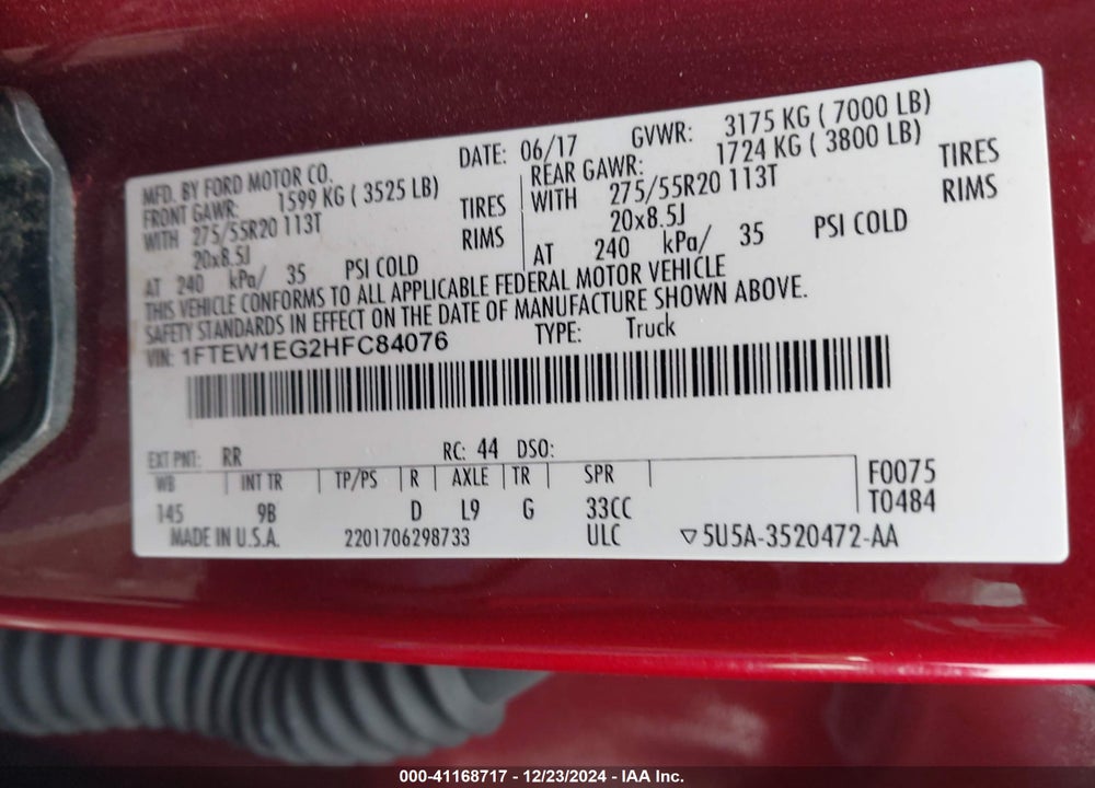 2017 FORD F-150 VIN: 1FTEW1EG2HFC84076