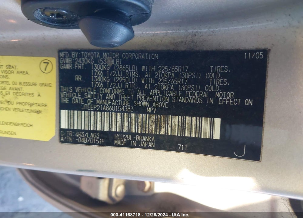 2006 TOYOTA HIGHLANDER LIMITED V6 VIN: JTEEP21A860154383