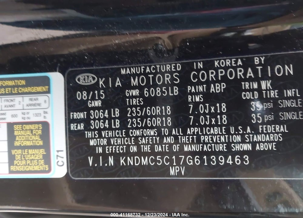 2016 KIA SEDONA VIN: KNDMC5C17G6139463