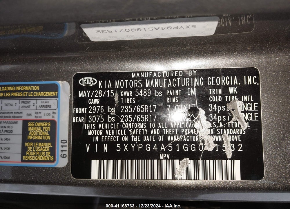 2016 KIA SORENTO VIN: 5XYPG4A51GG071532