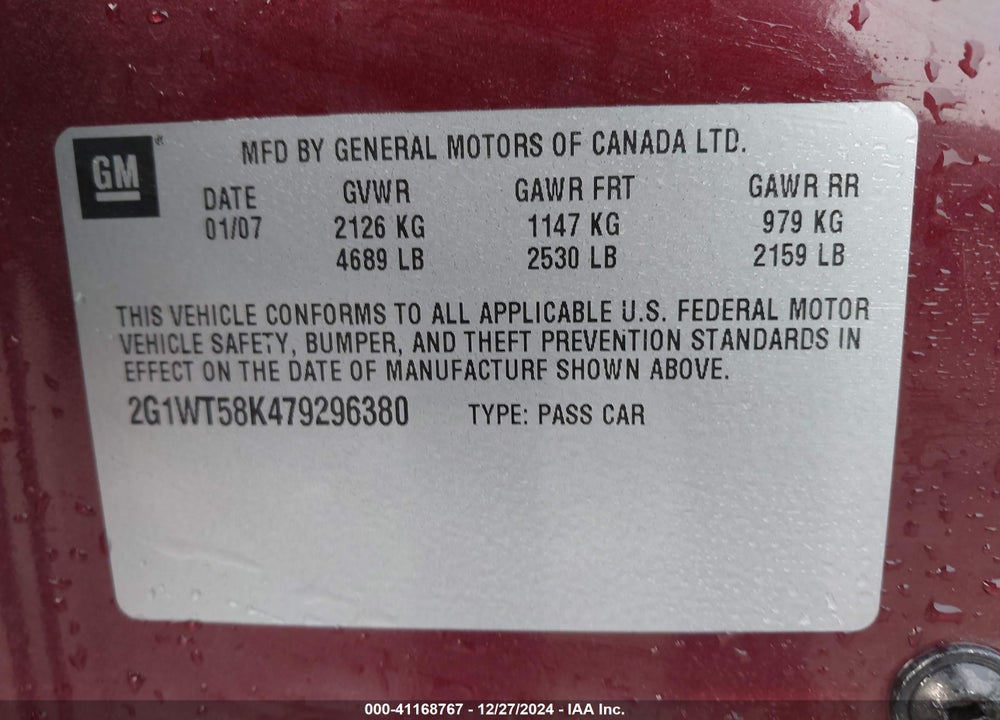 2007 CHEVROLET IMPALA VIN: 2G1WT58K479296380