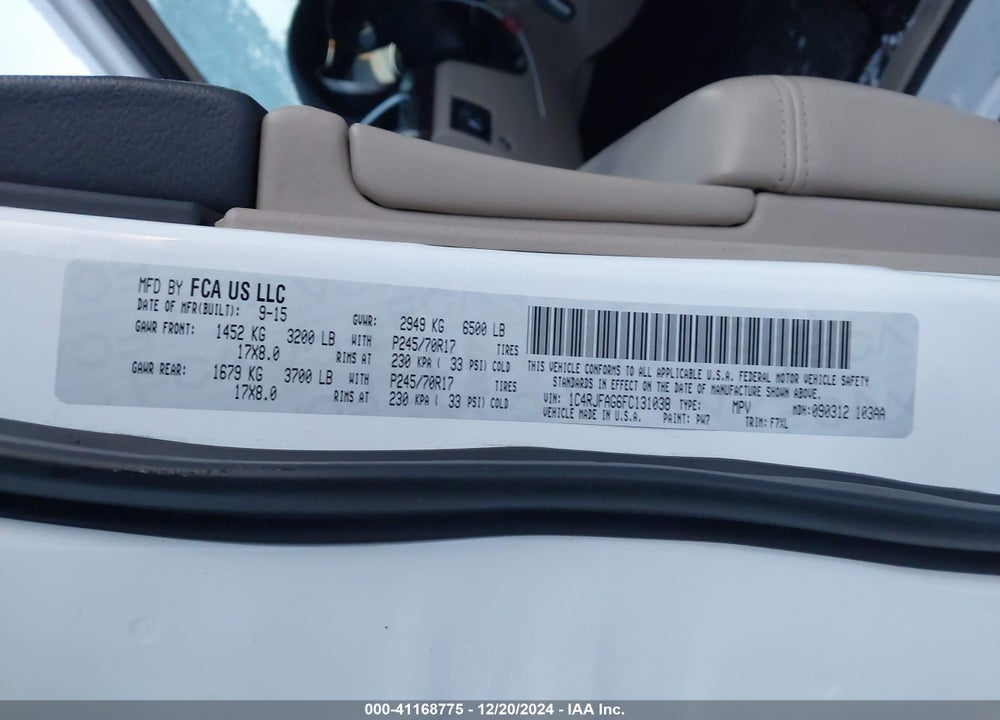2015 JEEP GRAND CHEROKEE LAREDO VIN: 1C4RJFAG6FC131038
