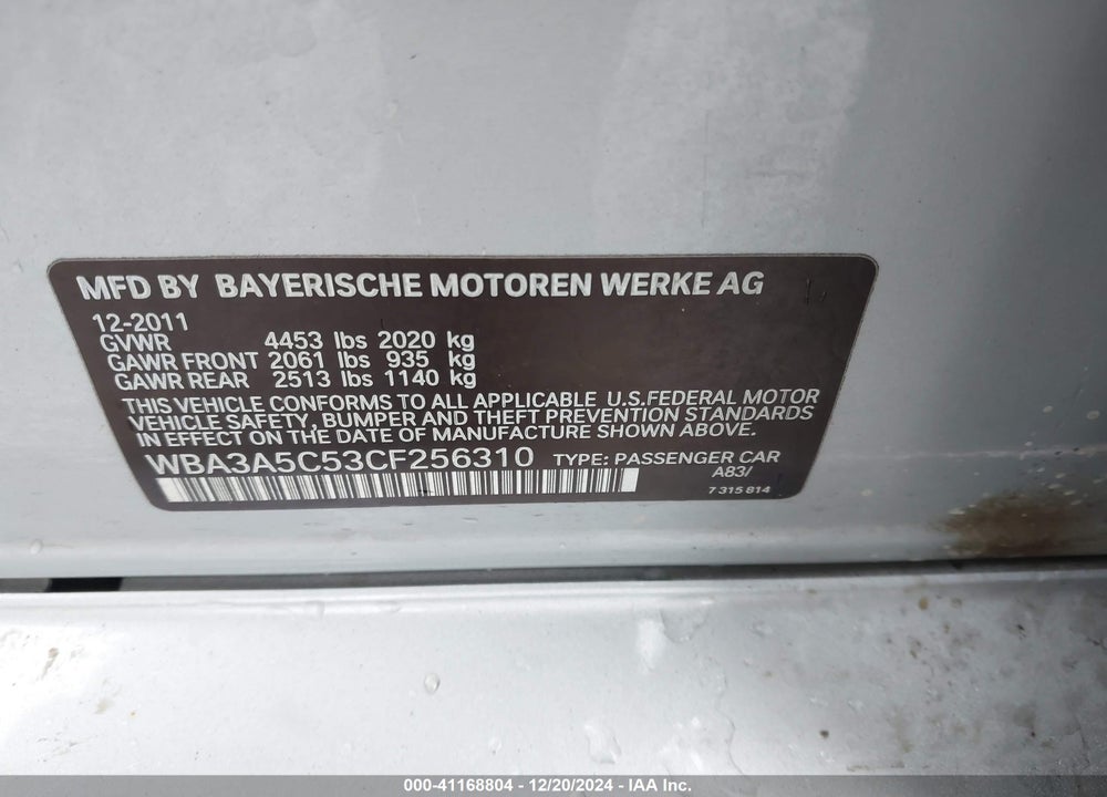 2012 BMW 328I VIN: WBA3A5C53CF256310