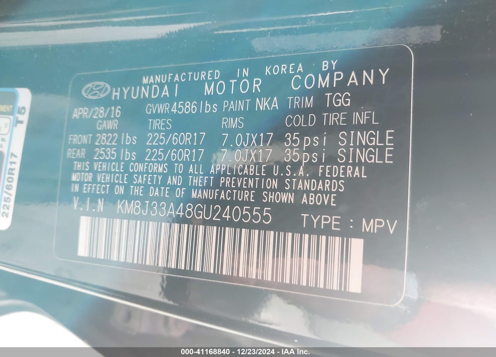 2016 HYUNDAI TUCSON SE VIN: KM8J33A48GU240555