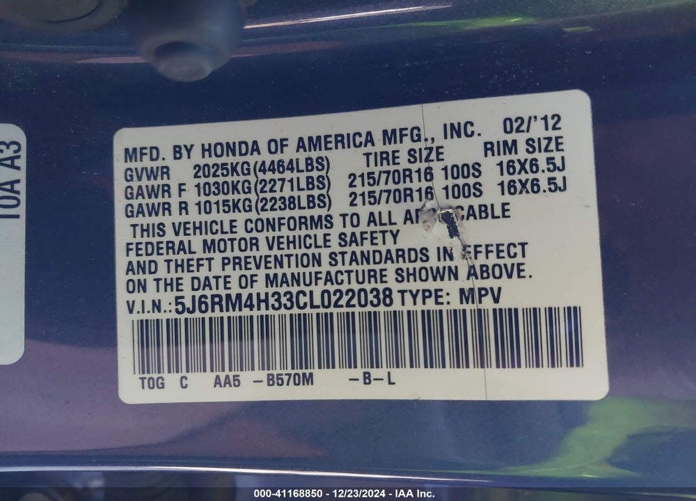 2012 HONDA CR-V VIN: 5J6RM4H33CL022038