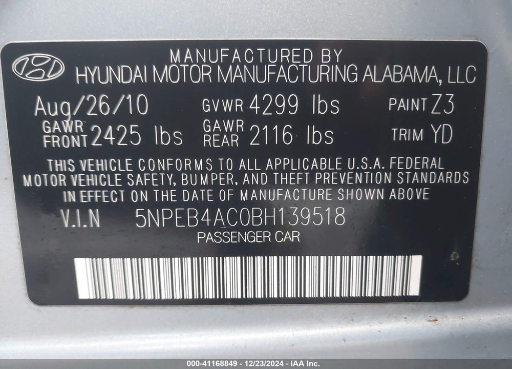 2011 HYUNDAI SONATA VIN: 5NPEB4AC0BH139518