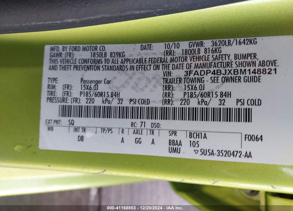 2011 FORD FIESTA VIN: 3FADP4BJXBM148821