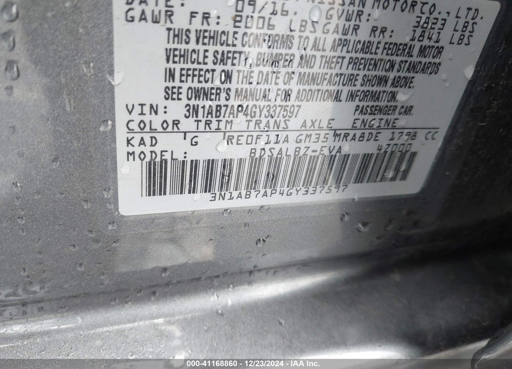 2016 NISSAN SENTRA S VIN: 3N1AB7AP4GY337597