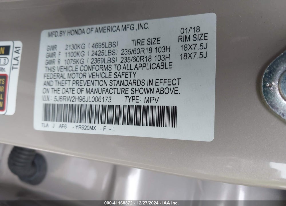 2018 HONDA CR-V VIN: 5J6RW2H96JL006173