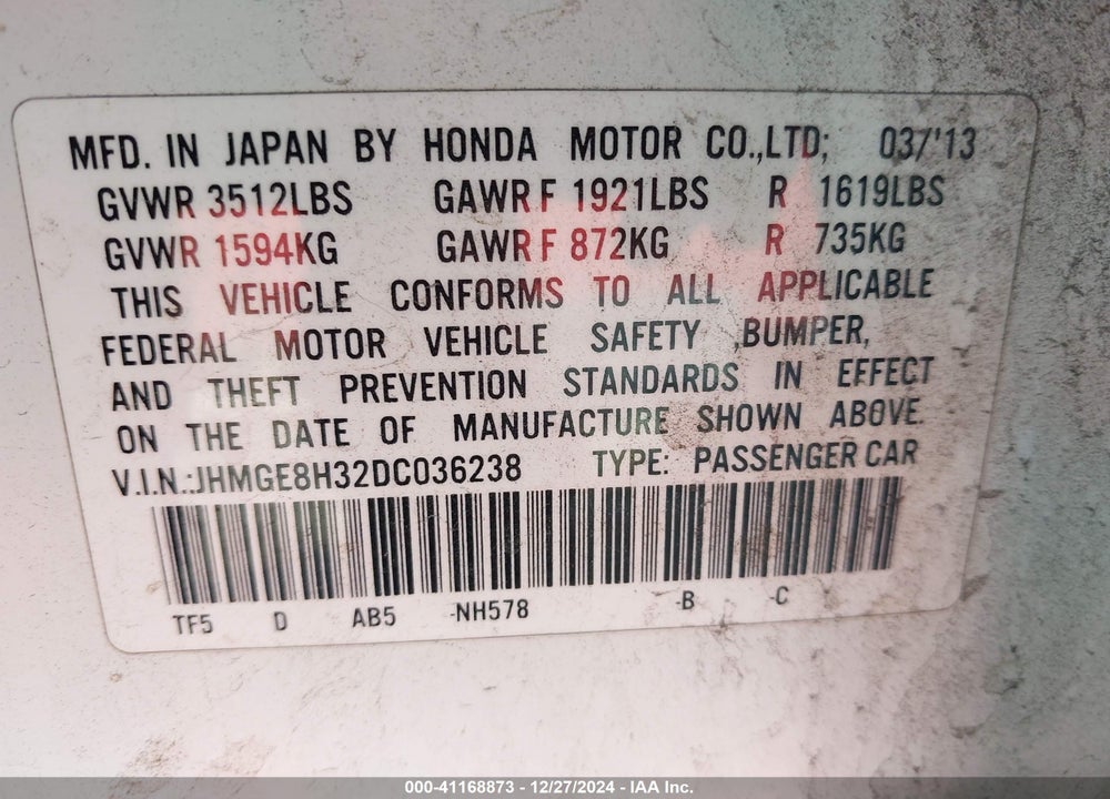 2013 HONDA FIT VIN: JHMGE8H32DC036238