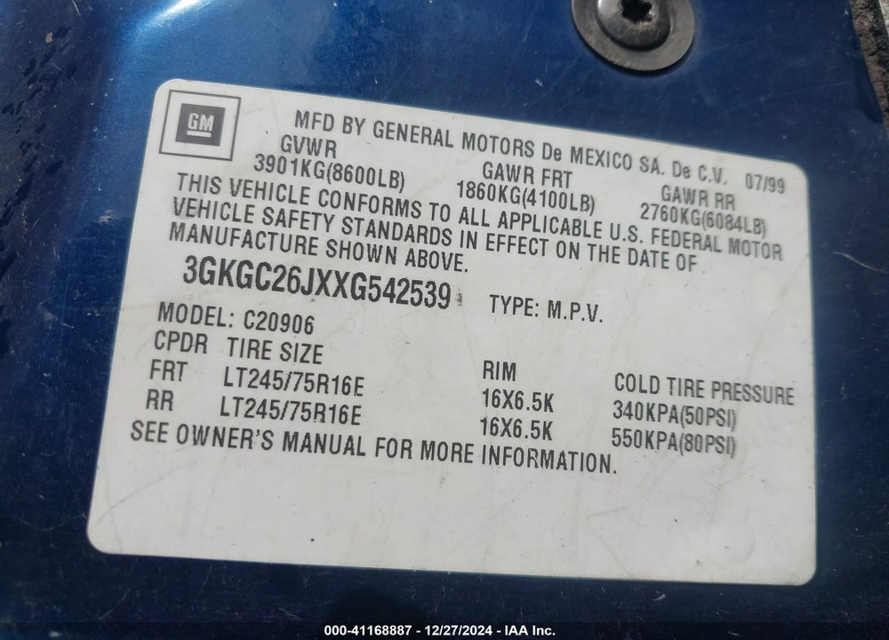 1999 GMC SUBURBAN 2500 SL VIN: 3GKGC26JXXG542539