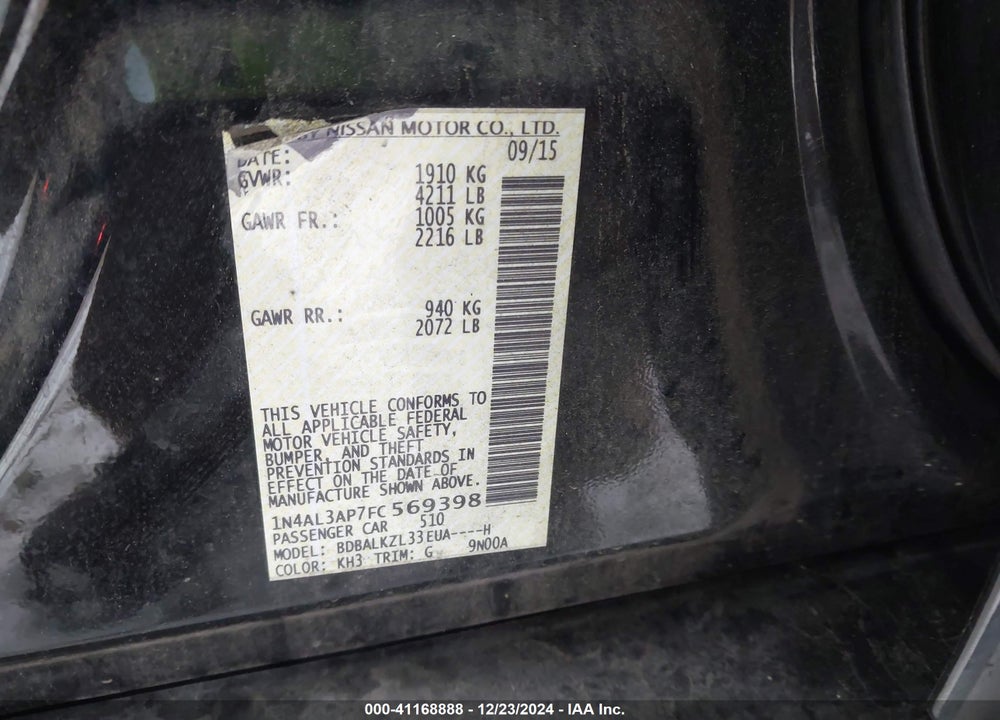 2015 NISSAN ALTIMA 2.5 SV VIN: 1N4AL3AP7FC569398