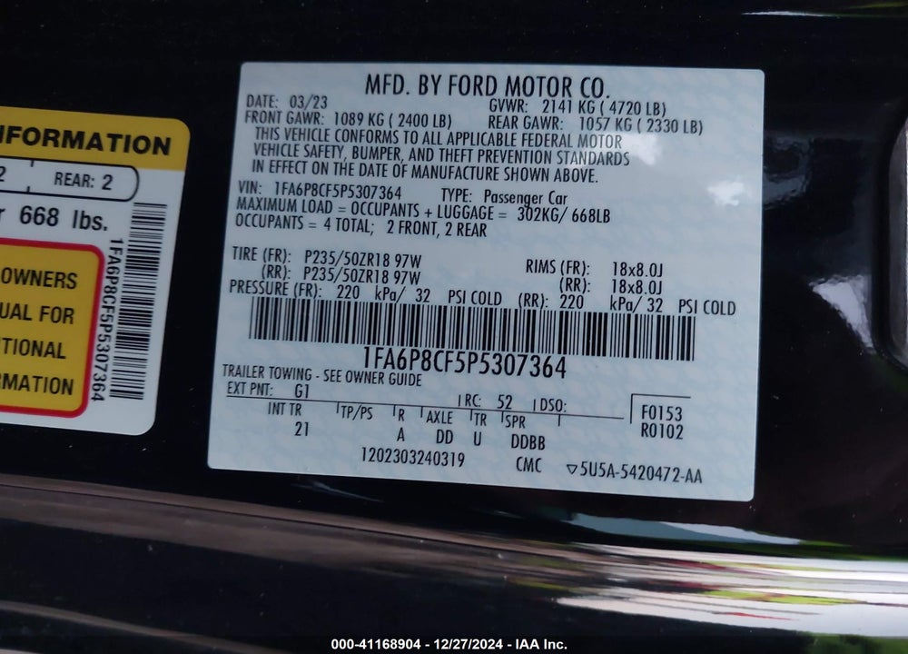 2023 FORD MUSTANG VIN: 1FA6P8CF5P5307364