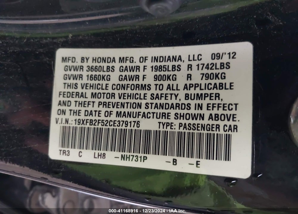 2012 HONDA CIVIC SDN LX VIN: 19XFB2F52CE379176