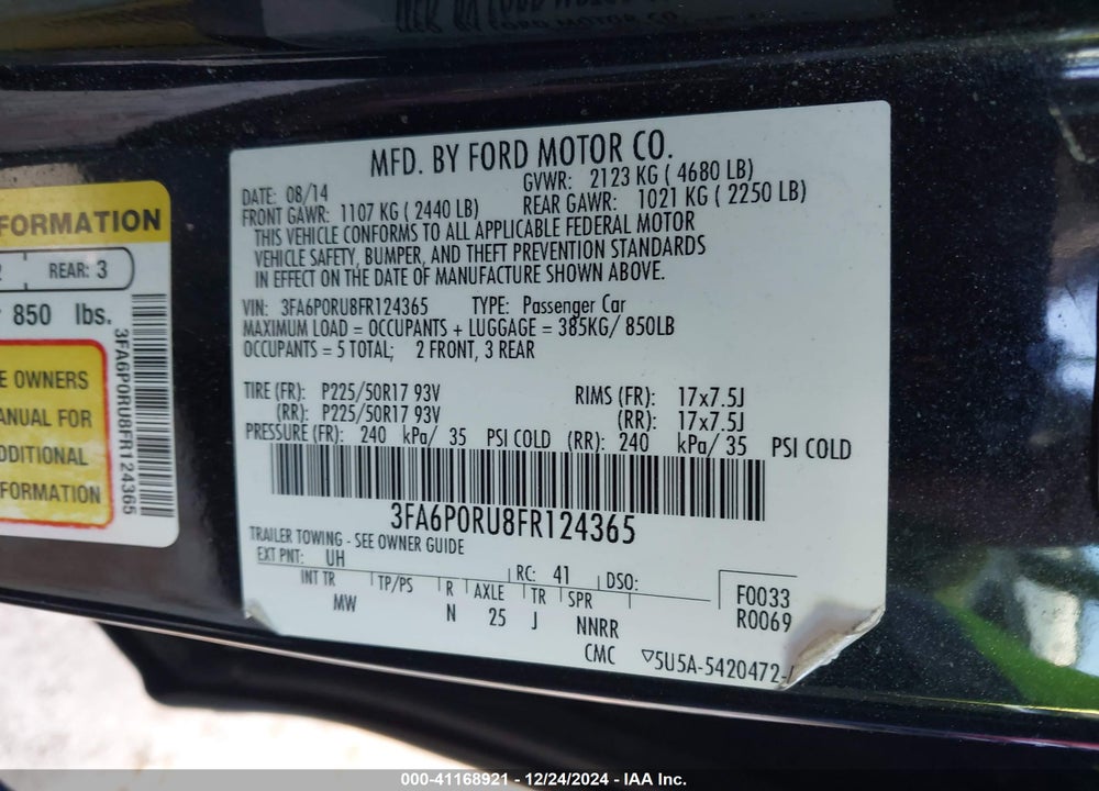 2015 FORD FUSION HYBRID TITANIUM VIN: 3FA6P0RU8FR124365