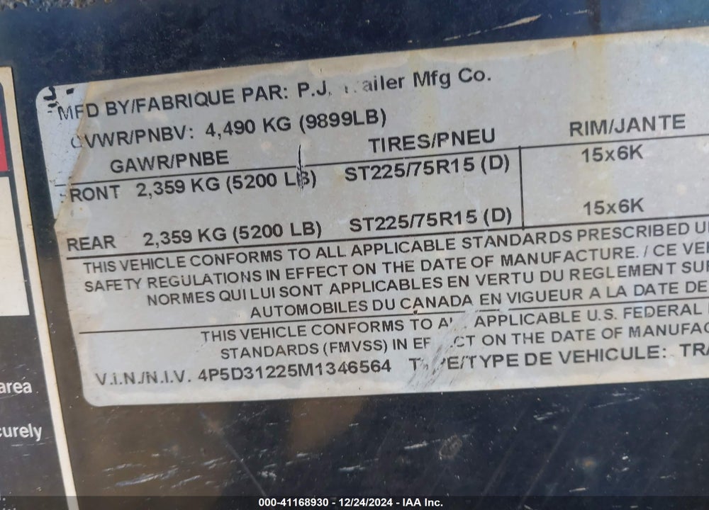 2021 PJ TRAILERS UNKNOWN VIN: 4P5D31225M1346564