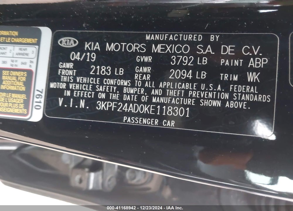 2019 KIA FORTE LXS VIN: 3KPF24AD0KE118301