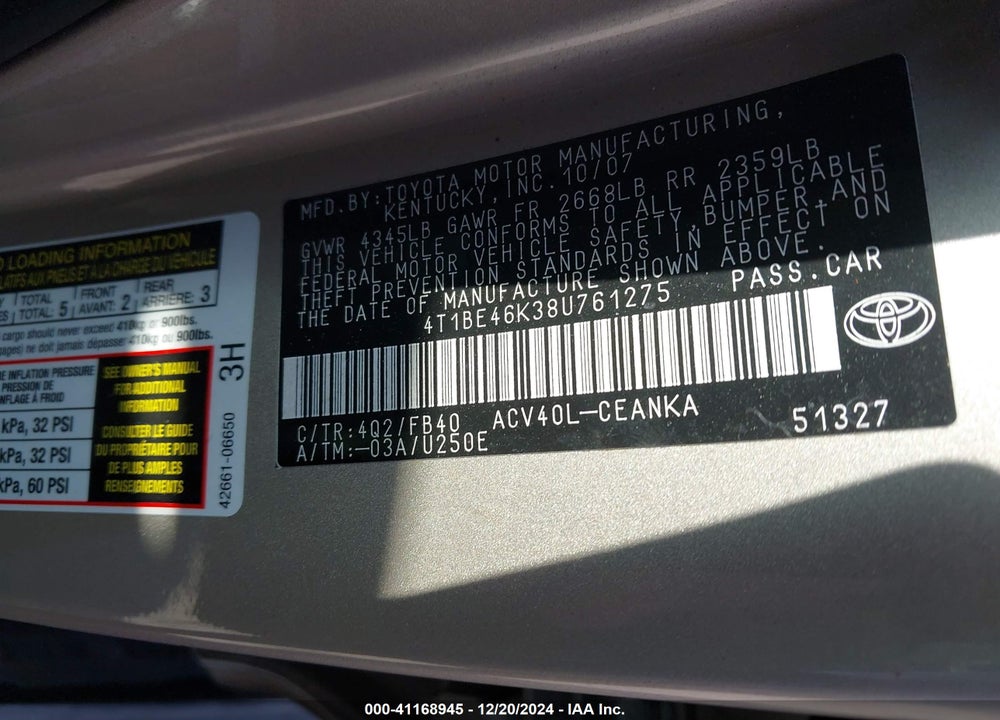 2008 TOYOTA CAMRY LE VIN: 4T1BE46K38U761275