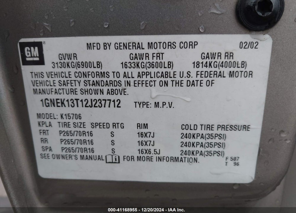 2002 CHEVROLET TAHOE LS VIN: 1GNEK13T12J237712