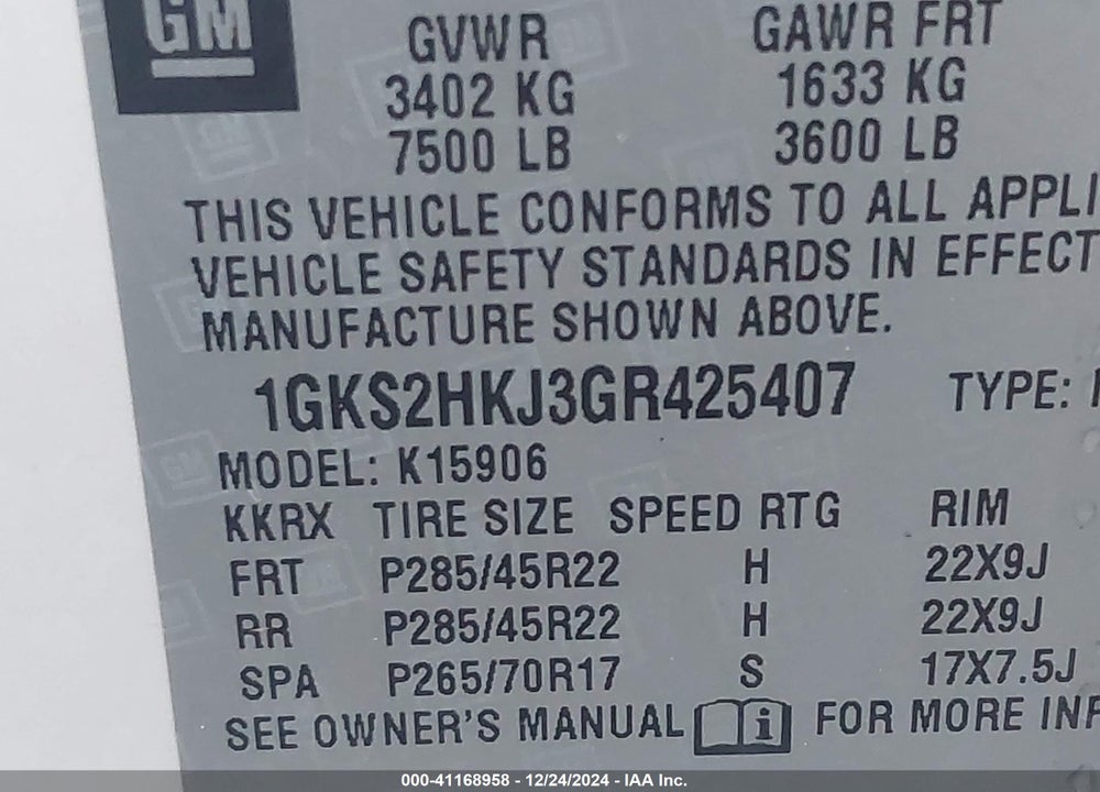 2016 GMC YUKON XL DENALI VIN: 1GKS2HKJ3GR425407