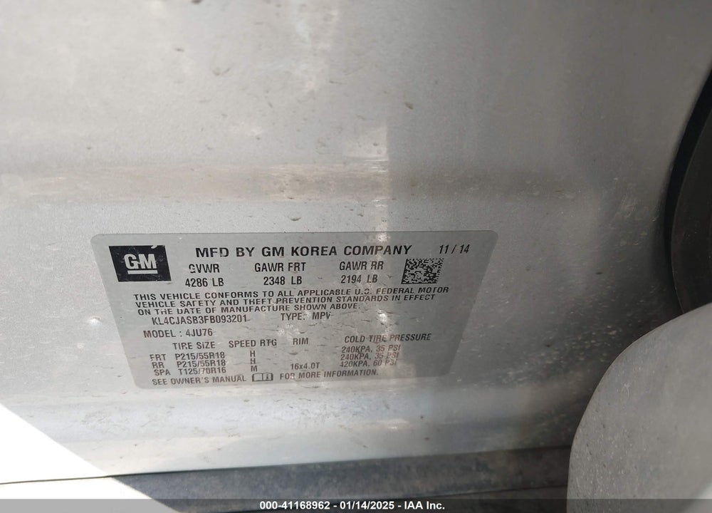 2015 BUICK ENCORE VIN: KL4CJASB3FB093201