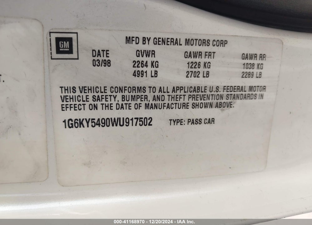 1998 CADILLAC SEVILLE STS VIN: 1G6KY5490WU917502
