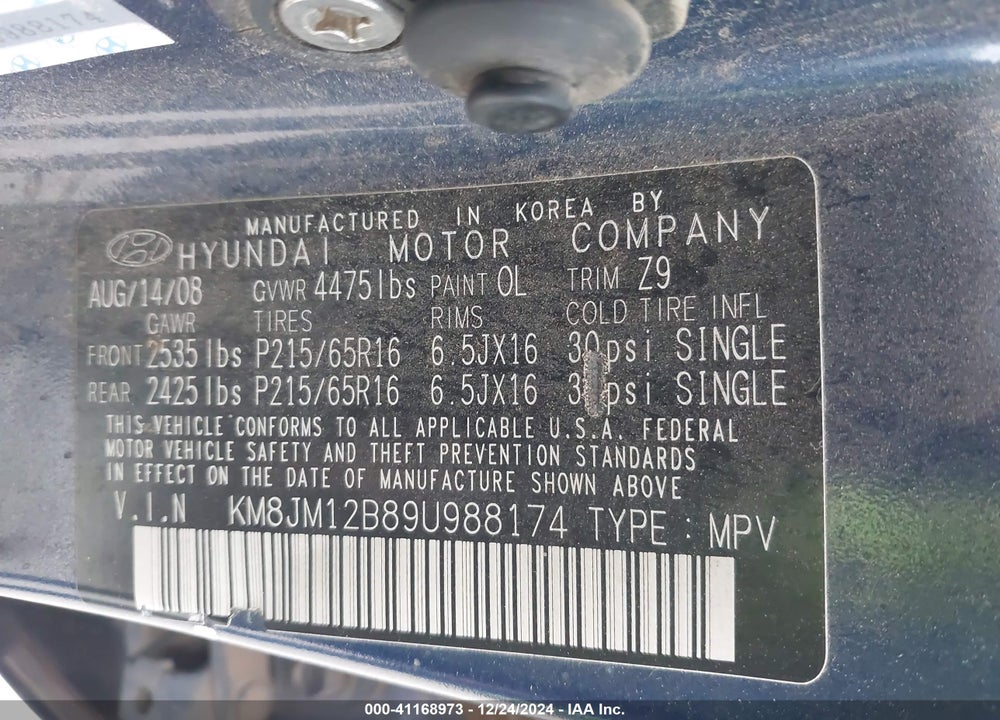 2009 HYUNDAI TUCSON GLS VIN: KM8JM12B89U988174