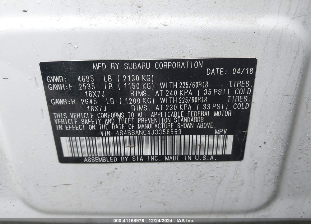 2018 SUBARU OUTBACK 2.5I LIMITED VIN: 4S4BSANC4J3356569