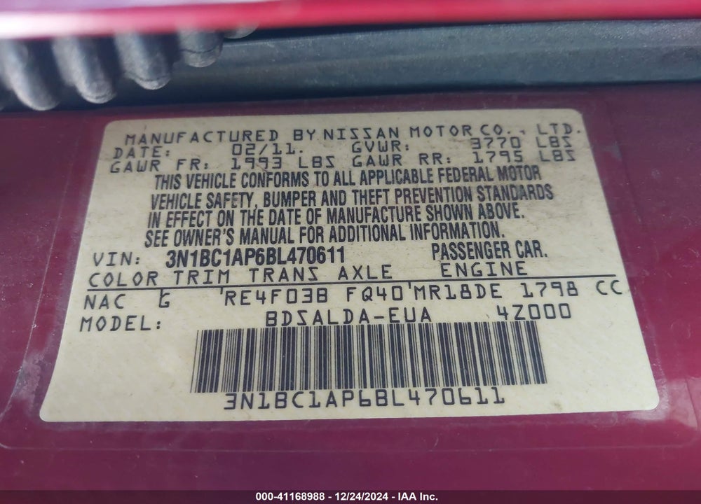 2011 NISSAN VERSA 1.8S VIN: 3N1BC1AP6BL470611